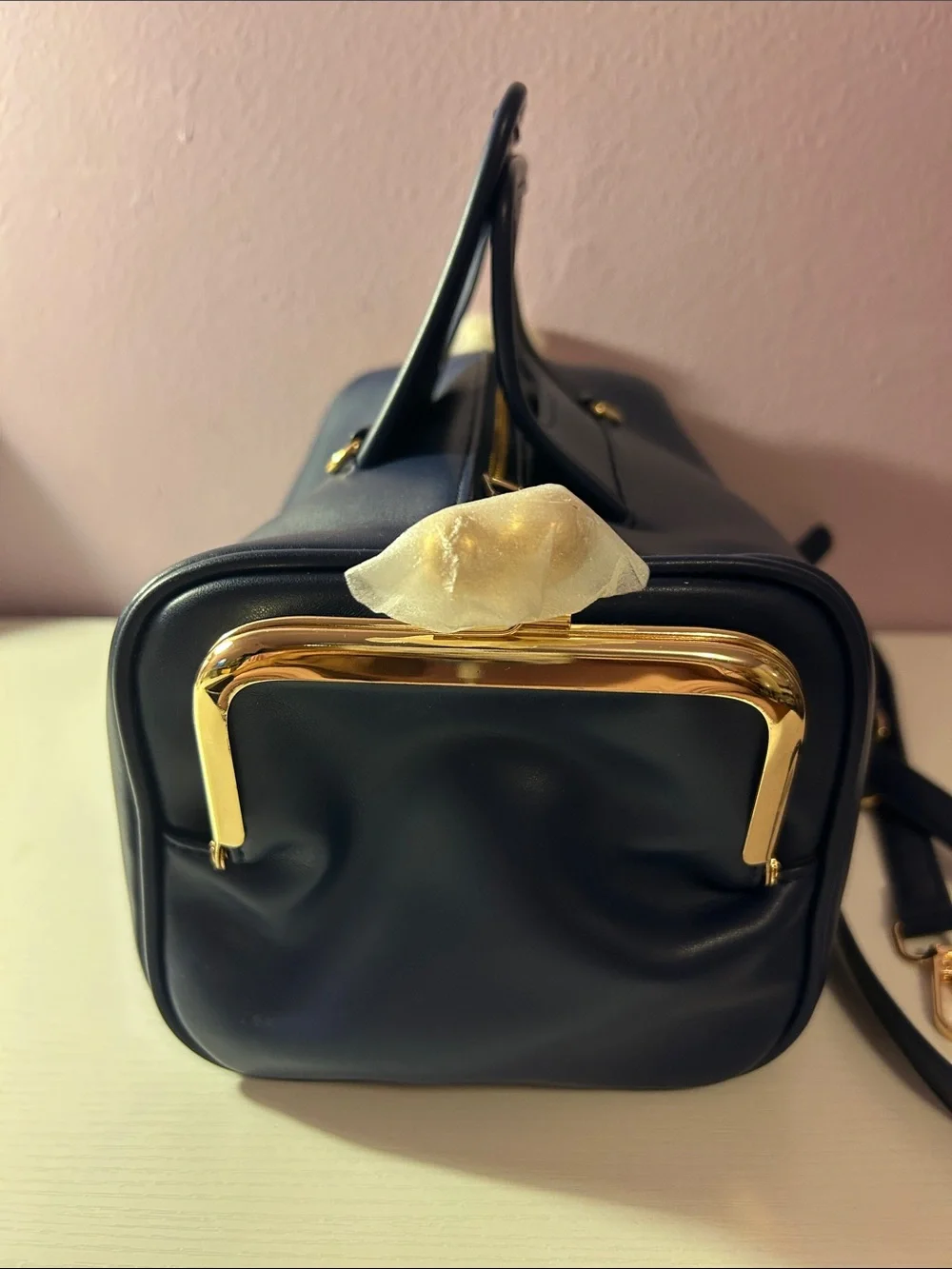 Navy PU Leather Top-Handle Satchel with Gold Hardware